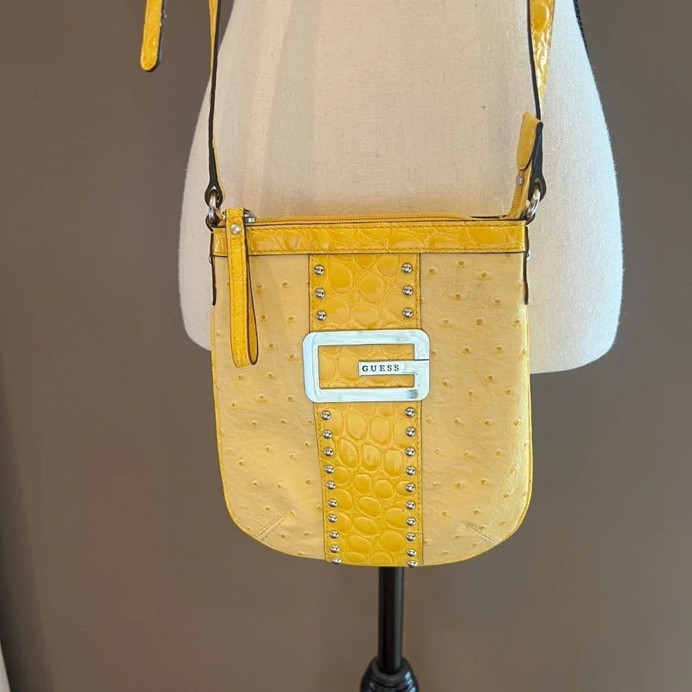 Guess Gold Yellow Crossbody Bag, Floral Print Inside, Silver G